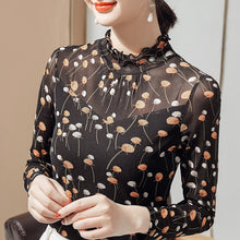 Load image into Gallery viewer, 2021 New Autumn Long Sleeve Women&#39;s T-Shirt Fashion Casual Print Mesh Ruffles Tops Plus Size M-4XL Bottoming Shirt