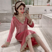 Load image into Gallery viewer, 2021 New Autumn Winter Sexy Lace V-neck Gold Velvet Long Dress Nightgowns for Women Long Sleeve Sleepwear Night Dress Nightdress