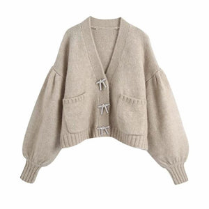 2021 New Autumn Winter Women Knit Cardigan Rhinestone Buttons Long Sleeves V-Neck Loose Sweater Women Casual Fashion Chic Tops