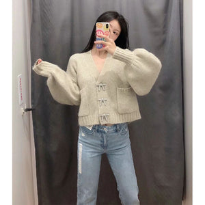 2021 New Autumn Winter Women Knit Cardigan Rhinestone Buttons Long Sleeves V-Neck Loose Sweater Women Casual Fashion Chic Tops