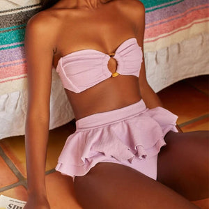 2021 New Bandear Push Up Bikini Set For Women Ribbed Ruffle Bottom Brazilian Biquini Velvet Summer Swimwear Bathing Suit Pink