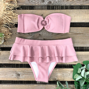 2021 New Bandear Push Up Bikini Set For Women Ribbed Ruffle Bottom Brazilian Biquini Velvet Summer Swimwear Bathing Suit Pink