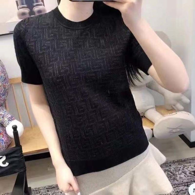 2021 New Base Shirt Hollow Letter Round Neck Ice Silk Knitting Temperament Thin Top