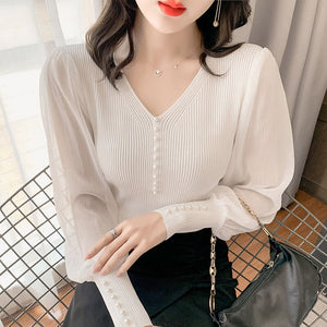 2021 New Black V-neck Elegant Pullover Top Harajuku Bottoming Shirt White Chiffon Bubble Knit Sexy Slim Sweater For Women Autumn