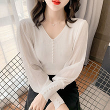 Load image into Gallery viewer, 2021 New Black V-neck Elegant Pullover Top Harajuku Bottoming Shirt White Chiffon Bubble Knit Sexy Slim Sweater For Women Autumn