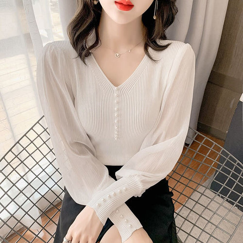 2021 New Black V-neck Elegant Pullover Top Harajuku Bottoming Shirt White Chiffon Bubble Knit Sexy Slim Sweater For Women Autumn