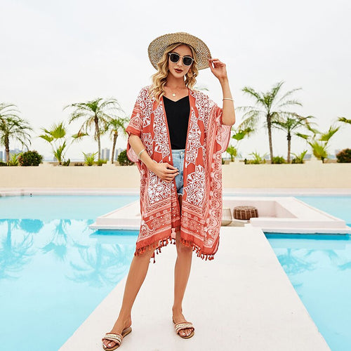 2021 New Bohemian Summer Mid-Length Chiffon Beach Top Floral Pattern Sunscreen Clothing