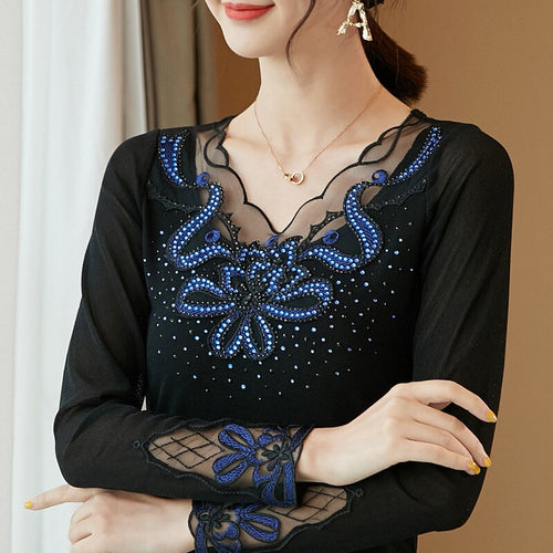 2021 New Bright Silk Mesh T-shirt Fashion Casual Long-sleeved Slim Korean Black Tops Elegant Slim Diamond Female Blusas