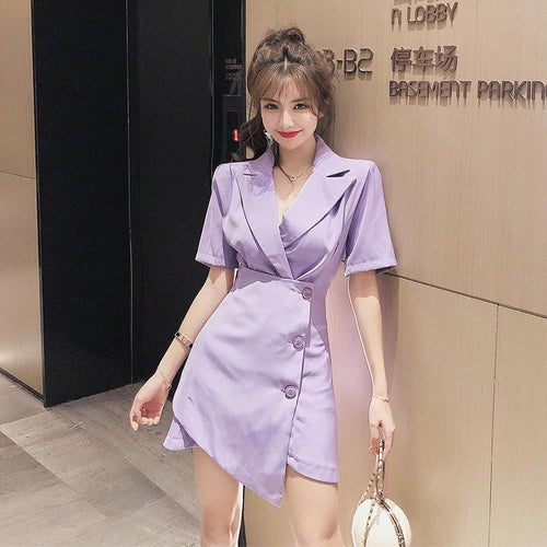2021  New Casual Summer Dress Collar Dress Thin Irregular Waist Design Goddess Office Style Short Sleeve Sexy Suit Dress