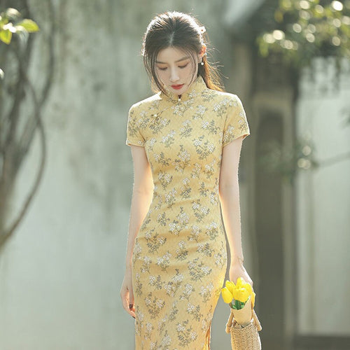 2021 New Chinese Qipao Cheongsam Summer Young Style Improved Dress Yellow Daily Girl Retro Temperament New Evening Party Gown