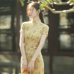 2021 New Chinese Qipao Cheongsam Summer Young Style Improved Dress Yellow Daily Girl Retro Temperament New Evening Party Gown