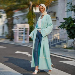 2021 New Dubai Middle East Stitching Cardigan Female Robe Muslim Pure Color Temperament Casual Home Wear Without Turban
