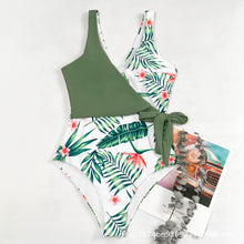 Load image into Gallery viewer, 2021 New European And American Sexy One-Piece Swimwear Printed Leaves Conservative Green Deep V Ladies  Bikinis Beachwear Surf