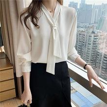 Load image into Gallery viewer, 2021 New Fashion Chiffon Women Blouse and Tops Office Long Sleeve White Women Shirts with Tie V Neck Loose Female Clothing