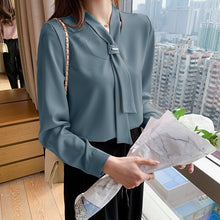 Load image into Gallery viewer, 2021 New Fashion Chiffon Women Blouse and Tops Office Long Sleeve White Women Shirts with Tie V Neck Loose Female Clothing