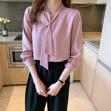 Load image into Gallery viewer, 2021 New Fashion Chiffon Women Blouse and Tops Office Long Sleeve White Women Shirts with Tie V Neck Loose Female Clothing