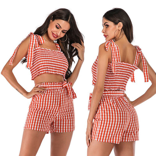 2021 New Fashion Home Holiday Summer Plaid Vest Suit Women Two-Piece Shorts