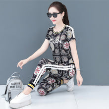 Load image into Gallery viewer, 2021 New Fashion Summer Two Piece Set Women Printed Short Sleeve Breathable Fabric Sportswear Pants Suits Black Pink White
