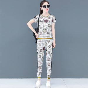 2021 New Fashion Summer Two Piece Set Women Printed Short Sleeve Breathable Fabric Sportswear Pants Suits Black Pink White