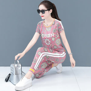 2021 New Fashion Summer Two Piece Set Women Printed Short Sleeve Breathable Fabric Sportswear Pants Suits Black Pink White