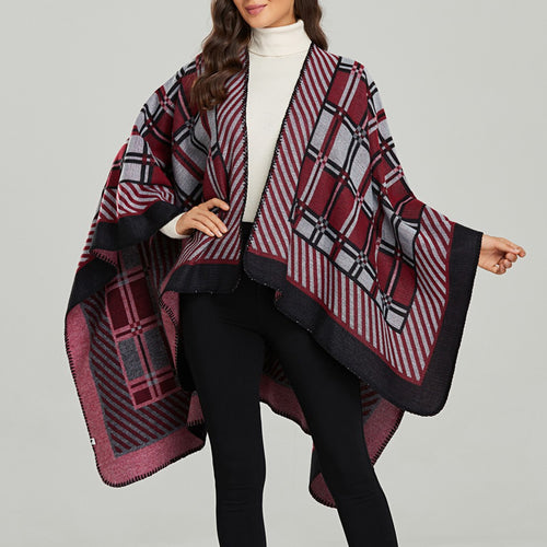 2021 New Fashion Winter Warm Plaid Ponchos For Women Open Front Exquisite Hemline Cardigan Vintage Luxury Shawls Pashmina Female