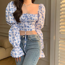 Load image into Gallery viewer, 2021 New Floral Top Women White Sweet Square Neck Long Puff Sleeve Ruched Drawstring Crop Top Summer Woman Party Blouse