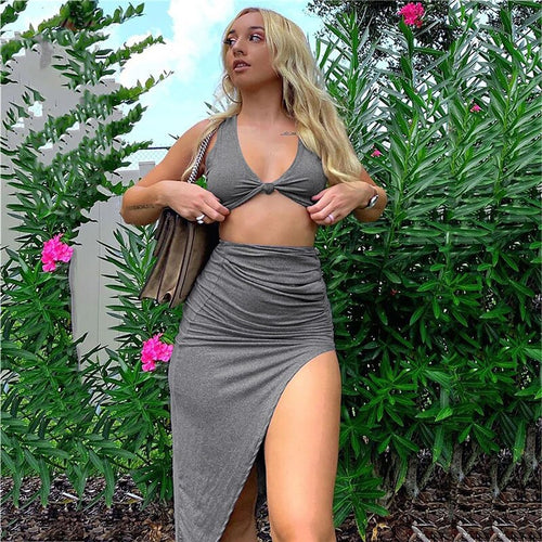 2021 New Folds Slim Navel Crop Tank Top Long Length Skirt Outfit For Women Sleeveless Fashion Solid Sexy Skirt Set