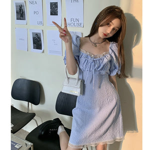 2021 New French Minority Sweet Salt Plaid Dress for Women Summer Square-Neck Cinched Slimming Student Dress