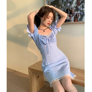 2021 New French Minority Sweet Salt Plaid Dress for Women Summer Square-Neck Cinched Slimming Student Dress