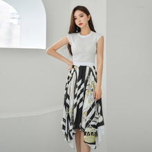 Load image into Gallery viewer, 2021 New Korean Style Women Summer Elegant Round Neck Slim Short Sleeve T Shirt Tops + High Waist Printed Skirt Two Piece Set