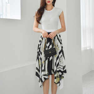 2021 New Korean Style Women Summer Elegant Round Neck Slim Short Sleeve T Shirt Tops + High Waist Printed Skirt Two Piece Set