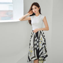 Load image into Gallery viewer, 2021 New Korean Style Women Summer Elegant Round Neck Slim Short Sleeve T Shirt Tops + High Waist Printed Skirt Two Piece Set