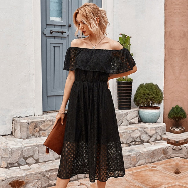 2021 New Ladies Elegant Summer Lace Off The Shoulder Dress Women Casual Slash Neck Solid High Waist Mid-calf Dress