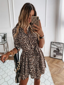 2021 New Leopard Print Summer Dress Women Front Buttons Shirt Dress Simple Daily Casual Vestidos Ladies Vintage Pleated Dress