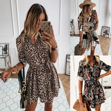 Load image into Gallery viewer, 2021 New Leopard Print Summer Dress Women Front Buttons Shirt Dress Simple Daily Casual Vestidos Ladies Vintage Pleated Dress