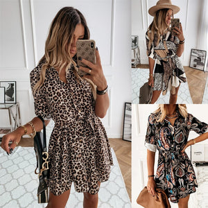 2021 New Leopard Print Summer Dress Women Front Buttons Shirt Dress Simple Daily Casual Vestidos Ladies Vintage Pleated Dress