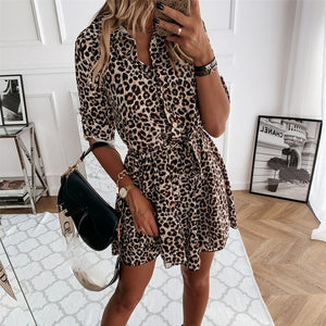 2021 New Leopard Print Summer Dress Women Front Buttons Shirt Dress Simple Daily Casual Vestidos Ladies Vintage Pleated Dress