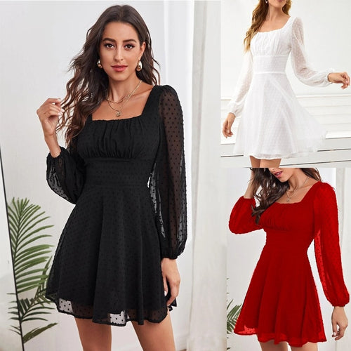 2021 New Long Sleeve Square Neck Summer Autumn Black  Dress Women Sexy White Elegant Short Mini Party Dresses Vestidos Sundress
