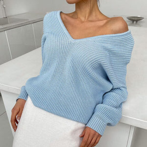 2021 New Long Sleeve White Warm Sweaters for Women Oversized V Neck Sweater Knitted Autumn Winter Blue Thick Knit Jumper Mujer