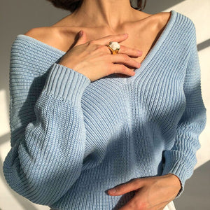 2021 New Long Sleeve White Warm Sweaters for Women Oversized V Neck Sweater Knitted Autumn Winter Blue Thick Knit Jumper Mujer