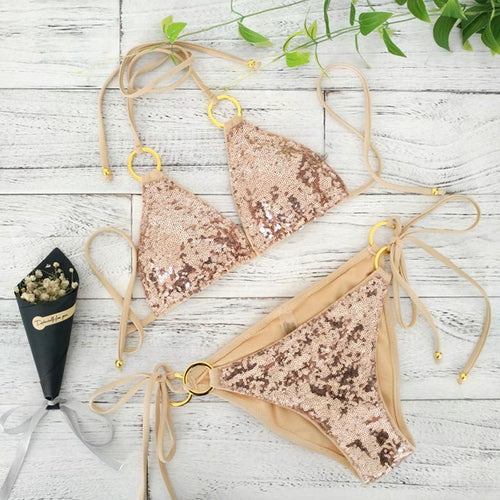 2021 New Sexy Bikinis Sequins Golden Color Women Bandage Bikini Set Push-up Padded Bra Swimsuit Suit Swimwear 2570