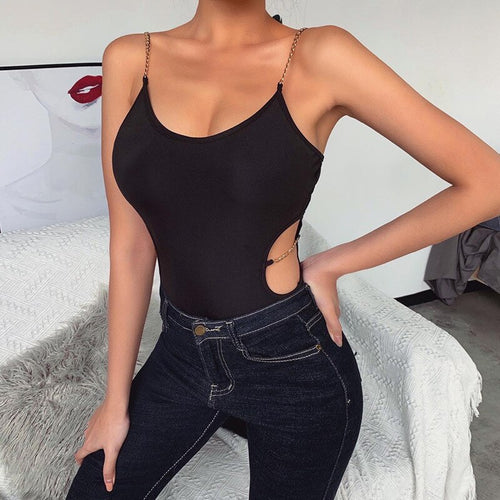 2021 New Sexy Skinny Bodysuit Women Waist Hollow Out Chain Strap Rompers Ladies Solid Backless Bodysuit Tops