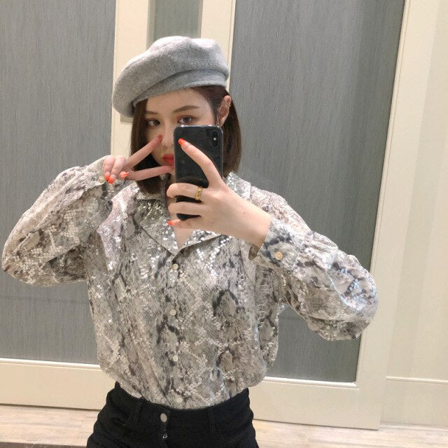 2021 New Snakeskin bronzing chiffon print shirt women spring and summer foreign style fashion loose design niche shirt