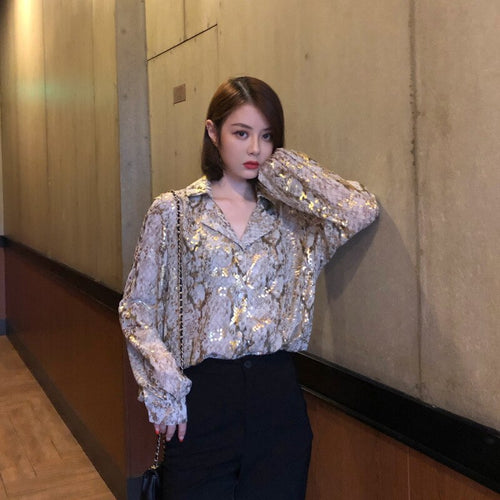 2021 New Snakeskin bronzing chiffon print shirt women spring and summer foreign style fashion loose design niche shirt