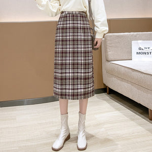 2021 New Spring Autumn Women A-Line Skirts High Waist Checkered Plaid Korean Style Fashionable Split Vintage Midi Skirts