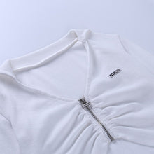 Load image into Gallery viewer, 2021 New Spring Summer Full Sleeve Shirring Crop Top Women Casual V Neck Zipper Ladies Sexy Slim Pullover Tops