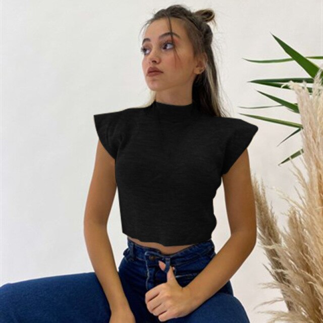 2021 New Spring Summer Solid Knitted Top Women Casual Slim Half High Collar Flying Sleeve Ladies Back To The Basics Pullover Top