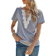 Load image into Gallery viewer, 2021 New Spring Summer Tops For Women Sexy Hollow Deep V-Neck Lace Splicing Tees Casual Loose Fit Female Tshirts Fashion