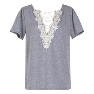 2021 New Spring Summer Tops For Women Sexy Hollow Deep V-Neck Lace Splicing Tees Casual Loose Fit Female Tshirts Fashion