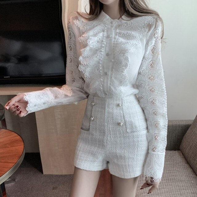 2021 New Spring Two piece set Women Lace Embroidery Hollow out  Ruffles Shirt Top + Tweed Short pants Suits